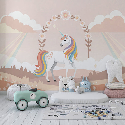 Kids bedroom decorated with the Kids-Mundo unicorn and floral arch rainbow wall mural