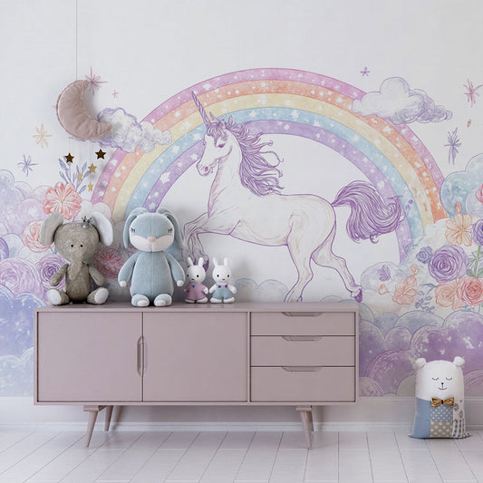 Kids-Mundo unicorn and rainbow cloud wall mural behind a bed in a soft kids bedroom