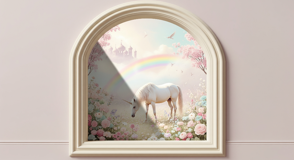 Kids-Mundo flat artwork preview of the unicorn garden window wall mural design