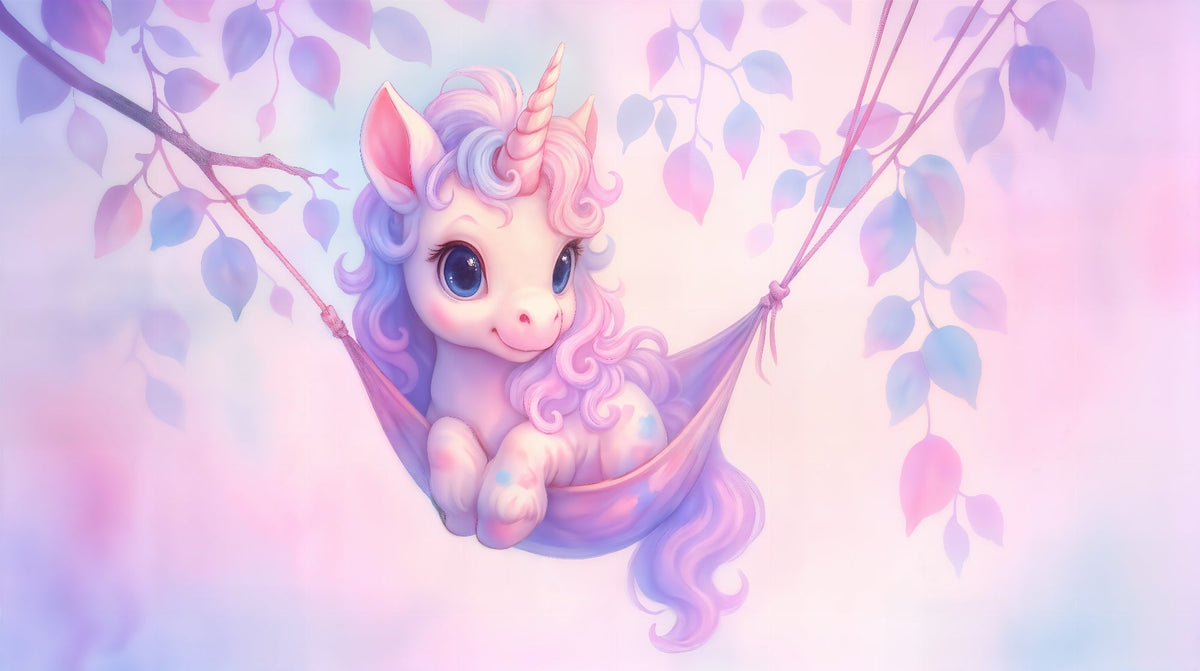 Baby Unicorn Swinging in a Leafy Hammock Wall Mural