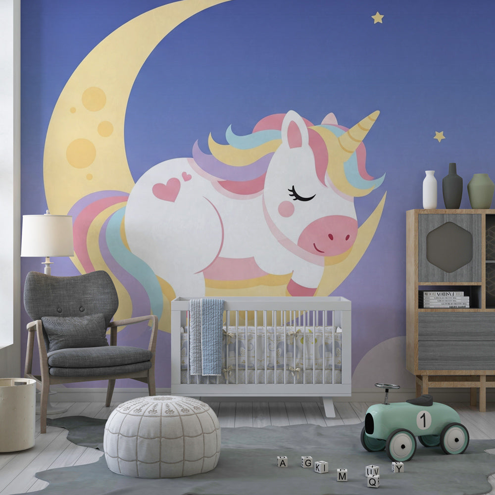 Sleeping unicorn on moon wallpaper transforming children's bedroom into fantasy space
