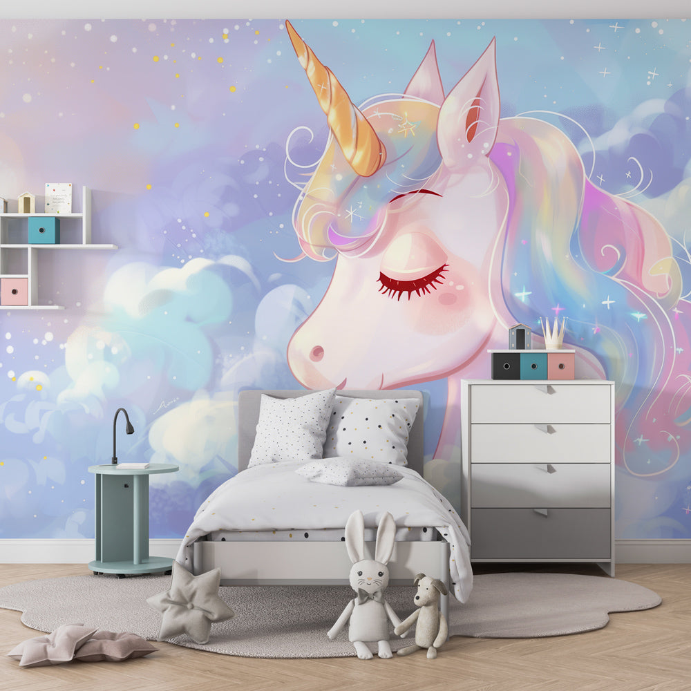 Starry cloud unicorn wallpaper transforming children's bedroom into fantasy space