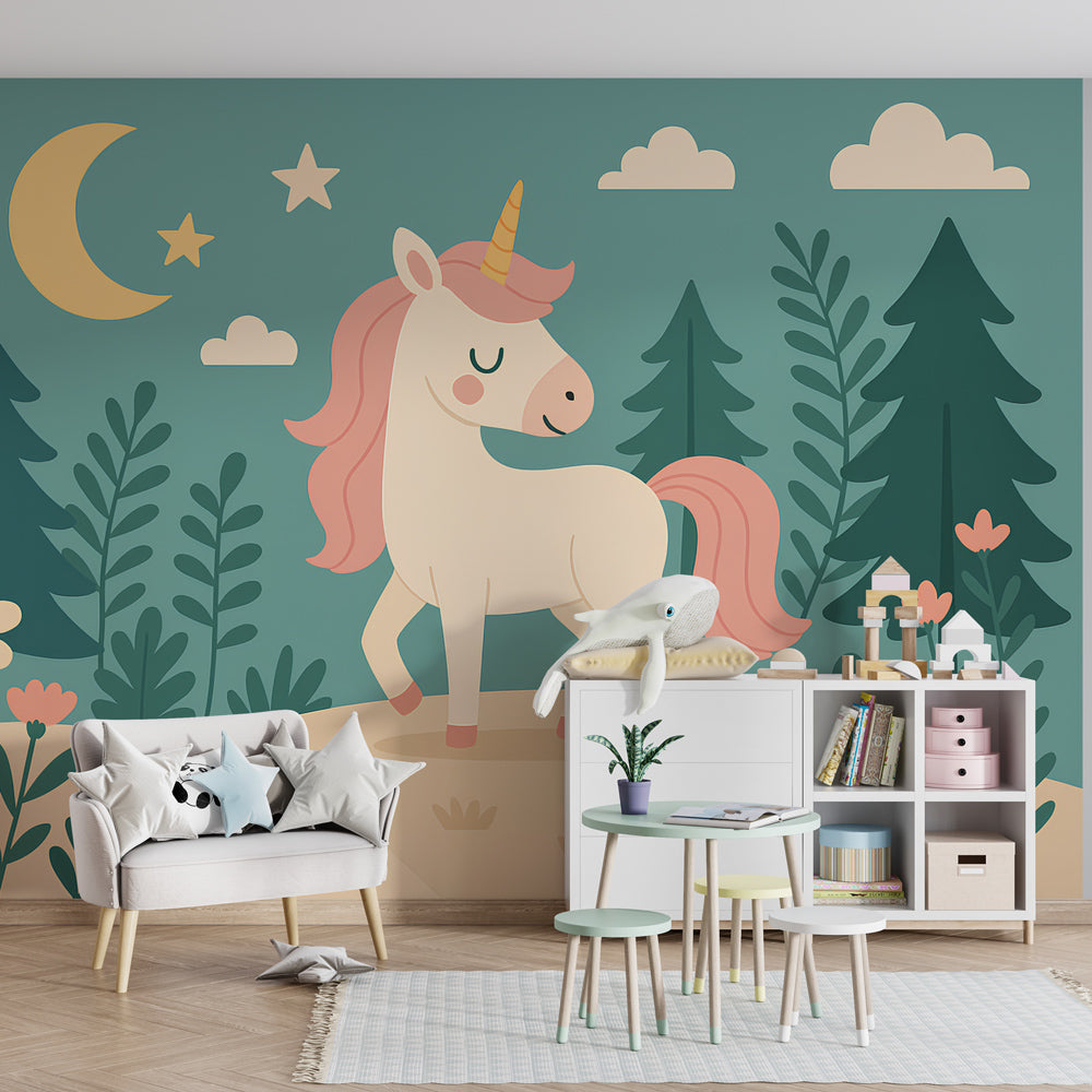 Moonlight unicorn wallpaper transforming children's bedroom into fantasy wonderland