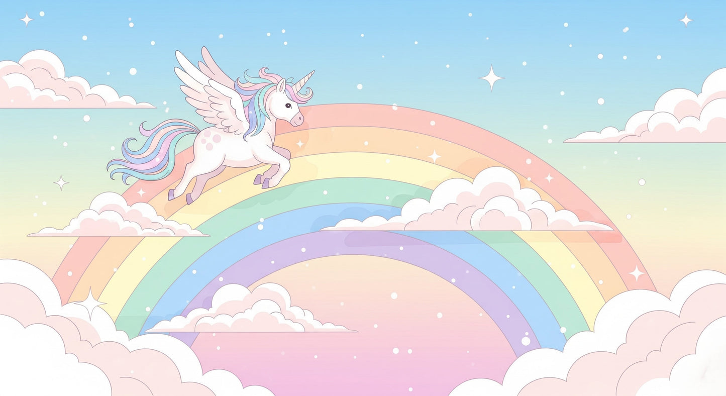 Detailed unicorn and rainbow mural wallpaper design pattern with pastel clouds by Kids-Mundo
