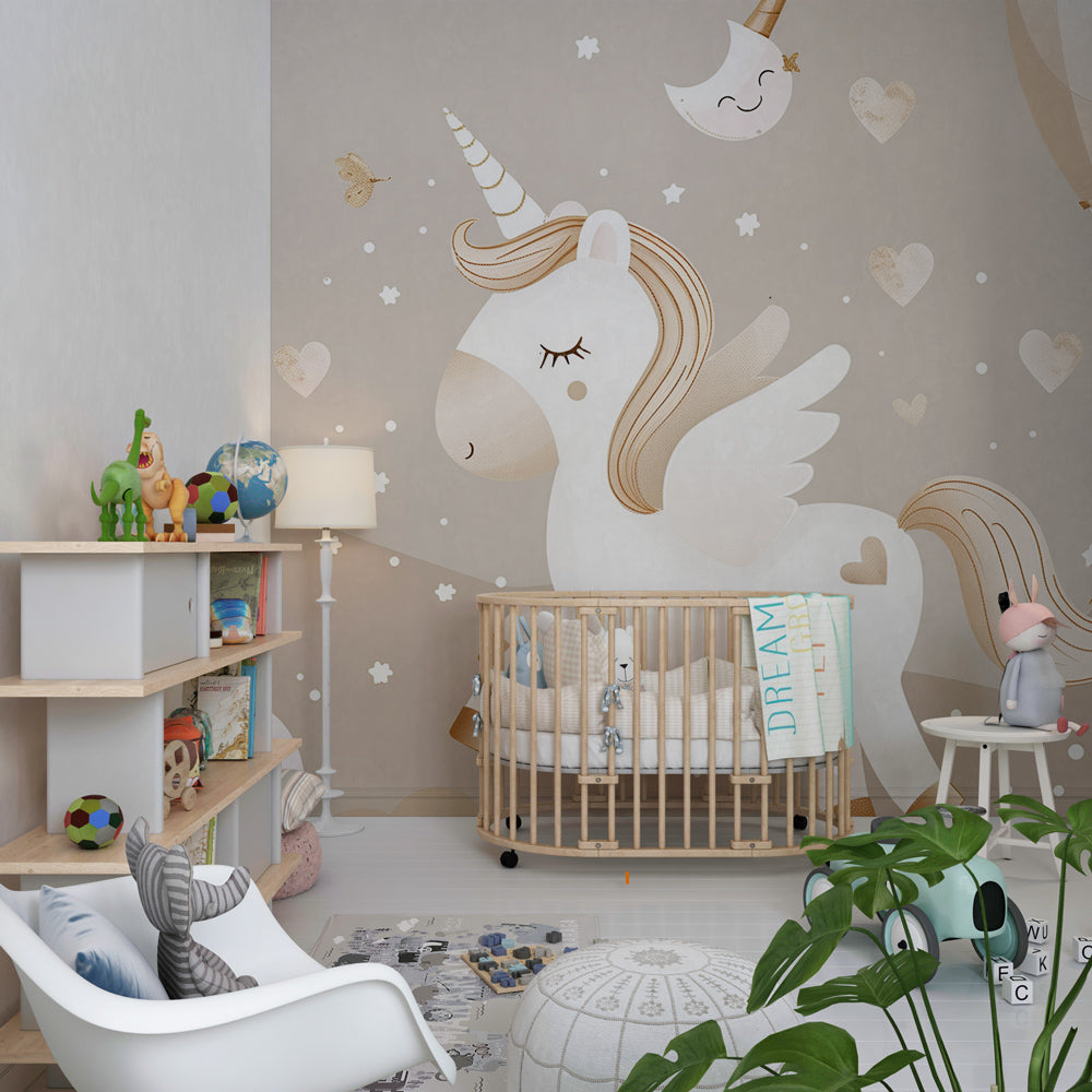 Unicorn and balloon wallpaper transforming baby room into peaceful celestial sanctuary with soft beige tones