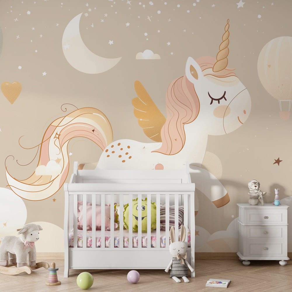 Hot air balloon unicorn wallpaper creating magical atmosphere in baby room