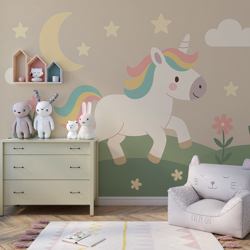 Fairy tale unicorn wallpaper in modern children's bedroom with pastel colors