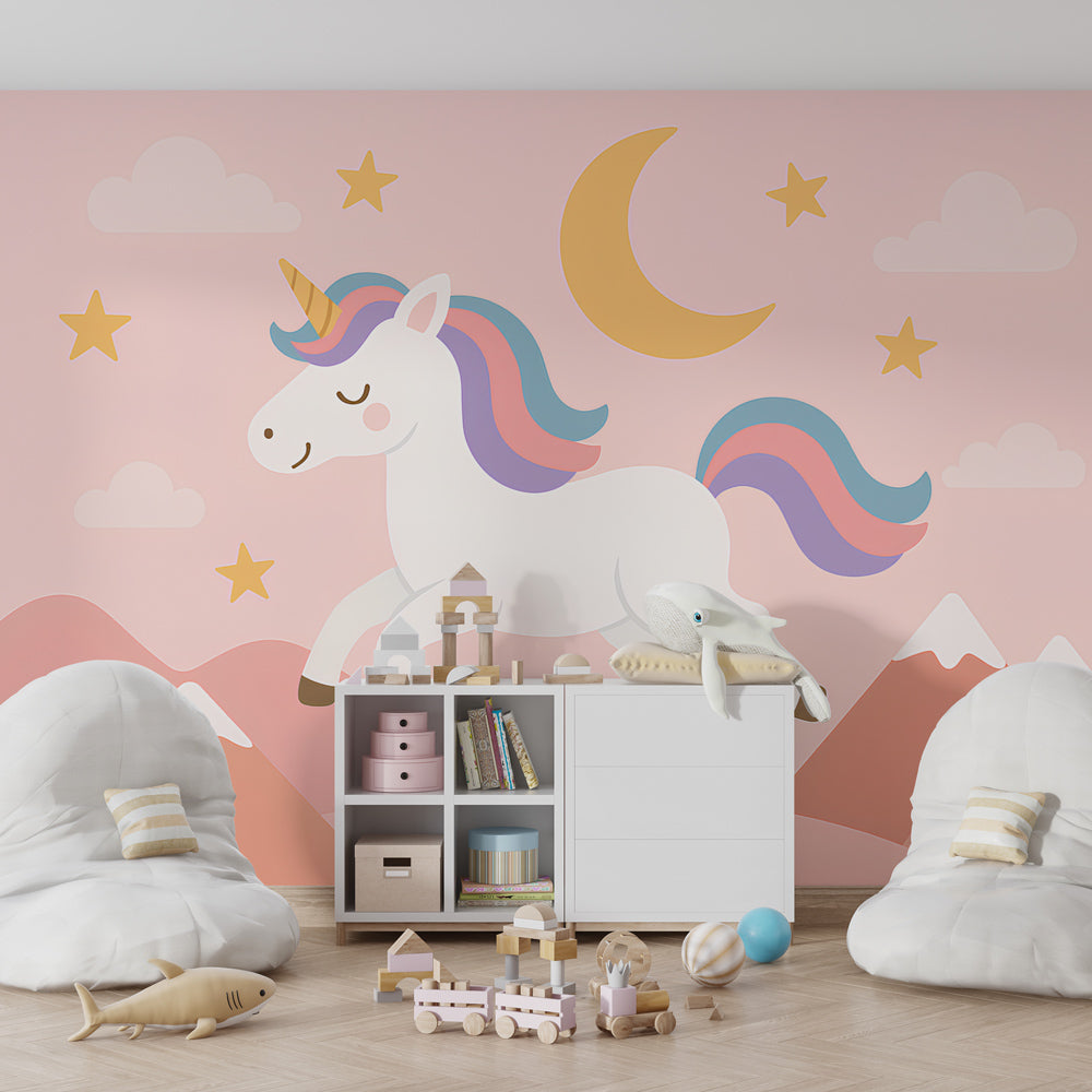 Unicorn wallpaper creating enchanted children's bedroom with pink mountains and moon
