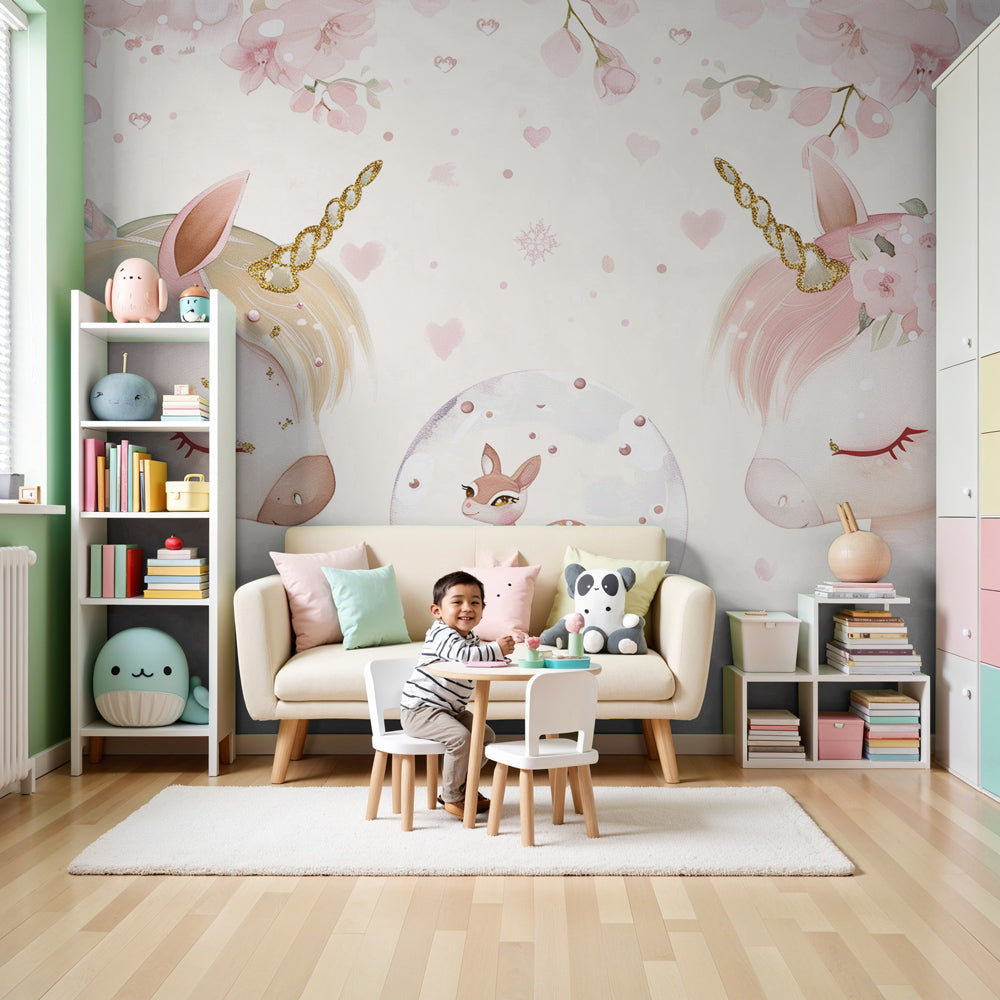 Unicorn mural wallpaper creating magical nursery atmosphere with dreamy clouds and floral elements by Kids-Mundo