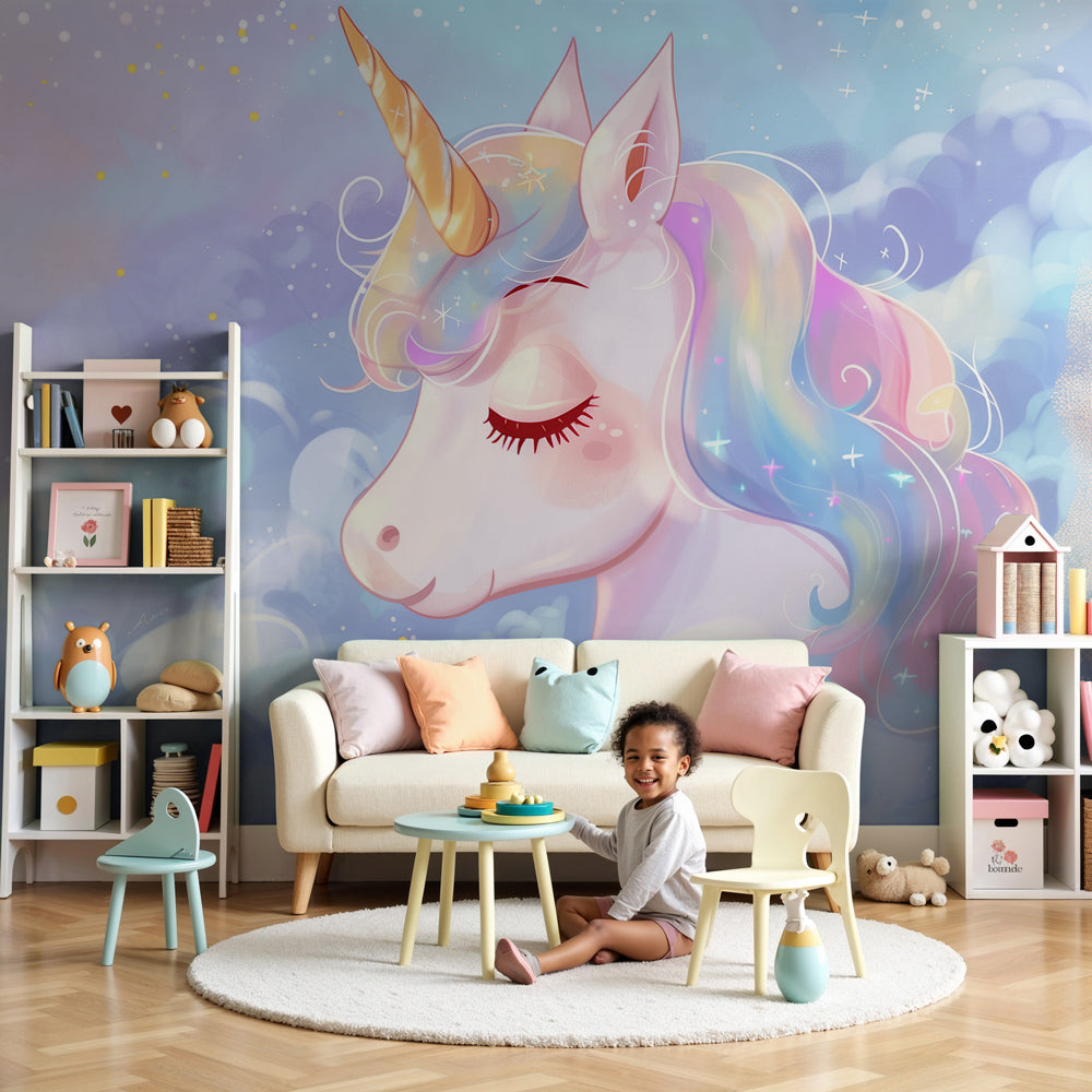 Unicorn mural wallpaper with pastel clouds creating magical nursery decor by Kids-Mundo