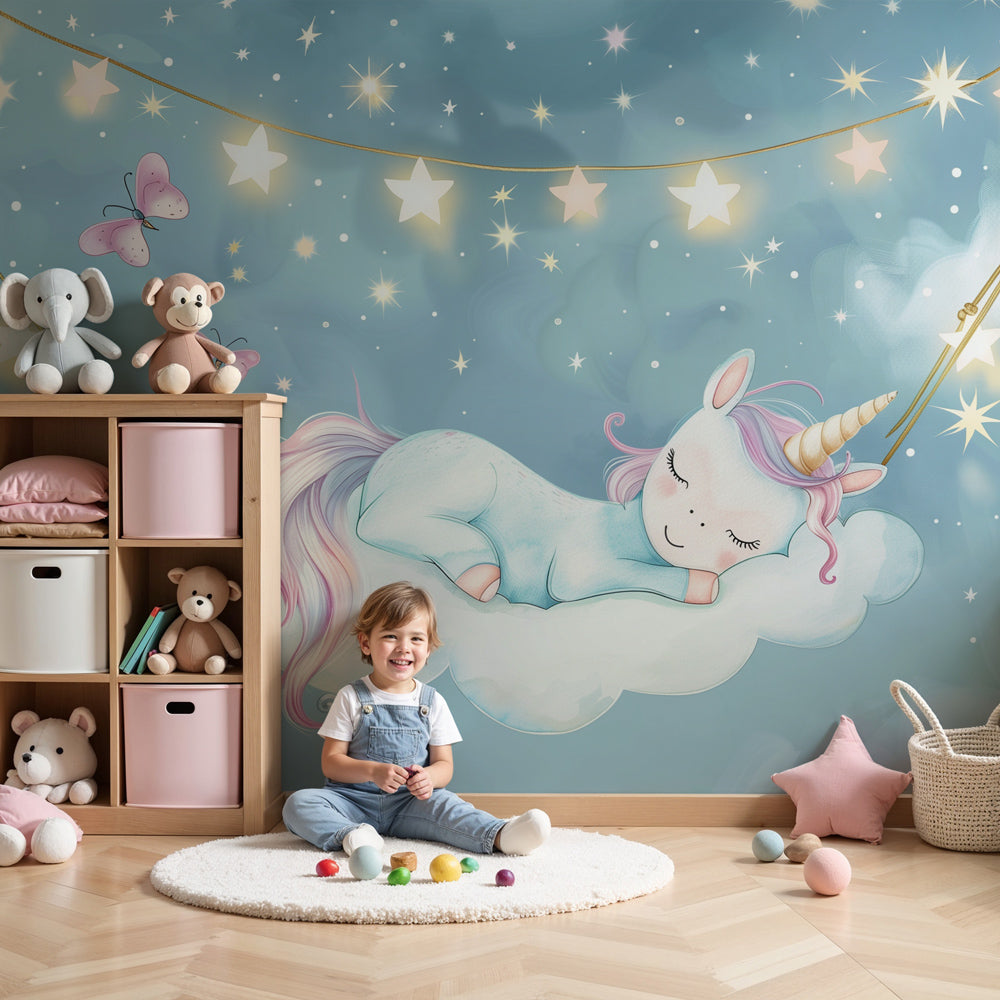 Celestial unicorn mural wallpaper creating magical nursery atmosphere by Kids-Mundo