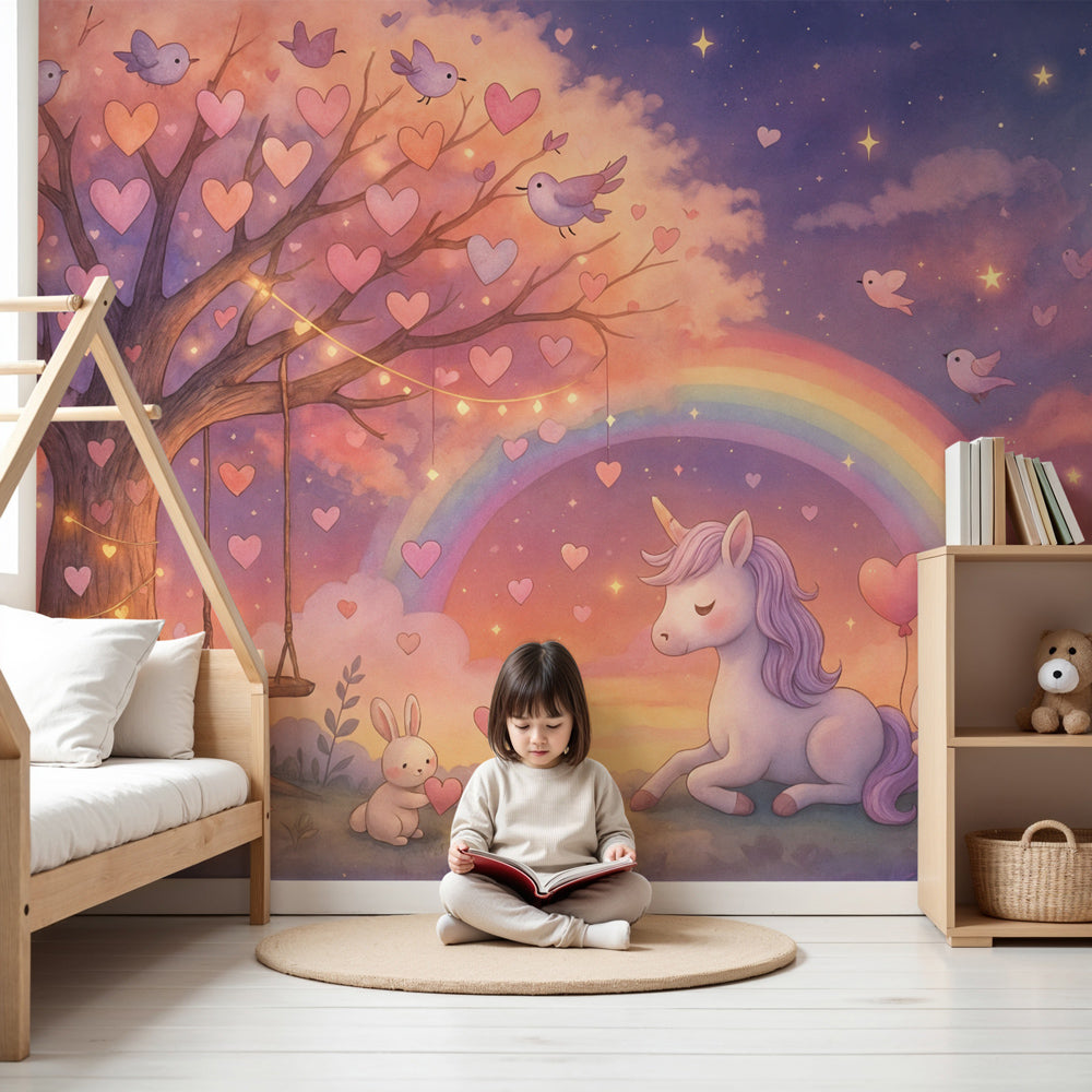 Magical unicorn mural wallpaper creating enchanted nursery decor with rainbow and forest by Kids-Mundo