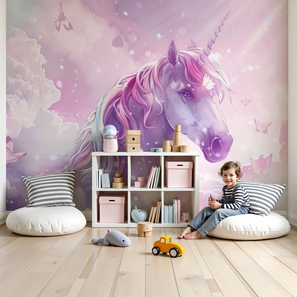 Unicorn mural wallpaper with rainbow mane in dreamy pink nursery setting by Kids-Mundo