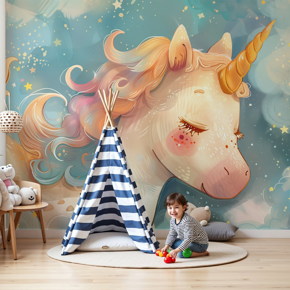 Dreamy unicorn mural wallpaper creating magical nursery decor with starry sky design by Kids-Mundo