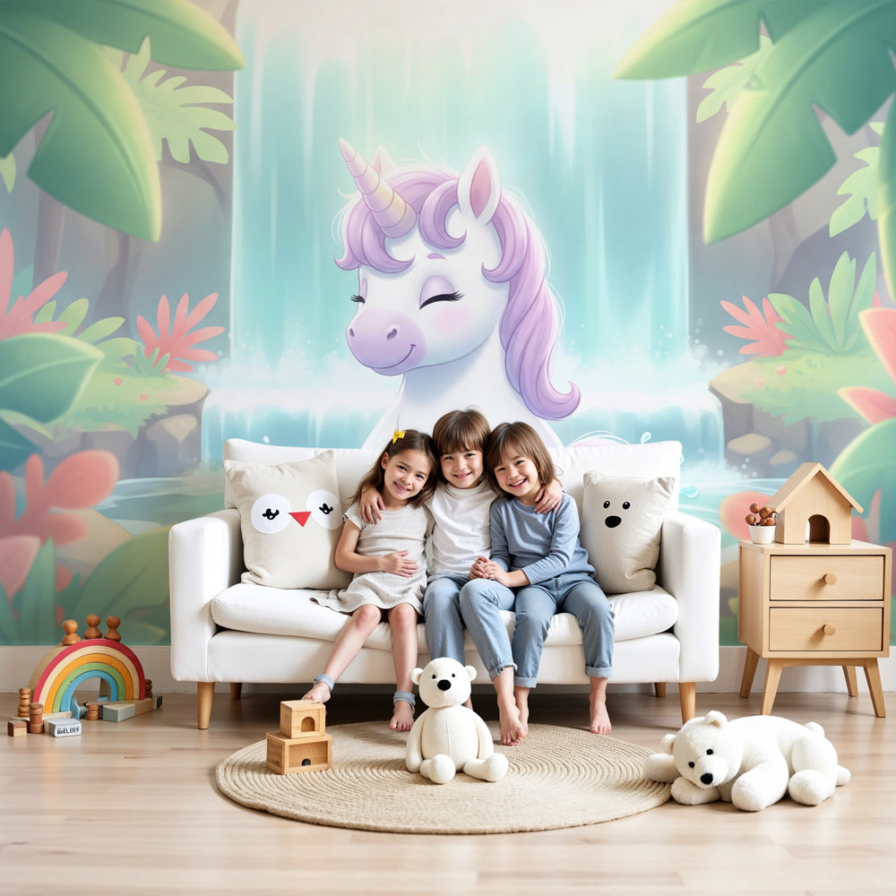 Magical unicorn mural wallpaper with waterfall scene in bright kids nursery by Kids-Mundo