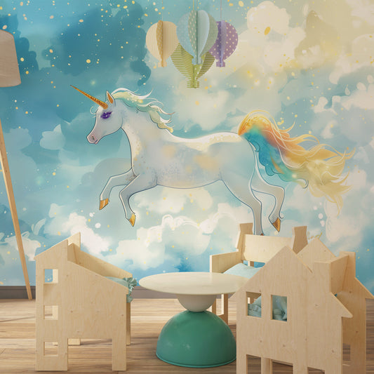 Kids-Mundo starry unicorn wall mural styled in a dreamy kids' bedroom setting.