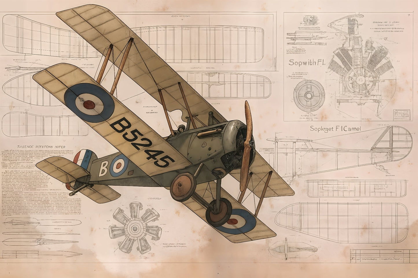 Kids-Mundo vintage aeroplane blueprint wall mural artwork with sepia technical drawings and propeller diagrams.