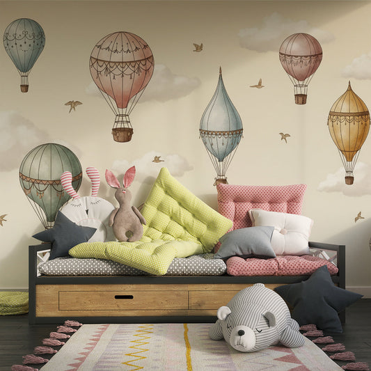 Kids-Mundo vintage hot air balloon wall mural in a children's bedroom setting