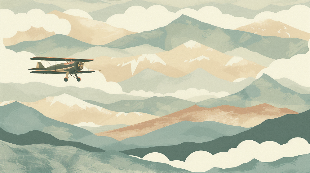 Vintage Biplane Over Pastel Mountain Ranges Wall Mural