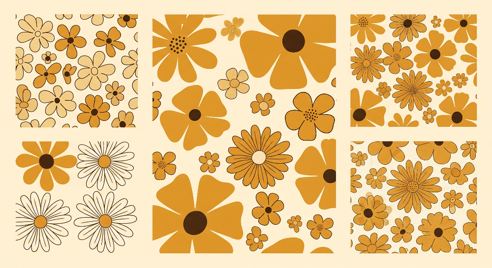 Flat artwork of the Kids-Mundo vintage daisy floral pattern in mustard, orange and cream