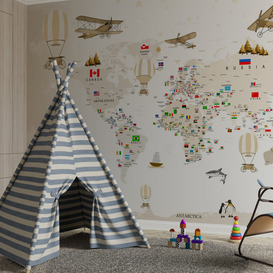 Kids-Mundo flags world map mural covering a kids bedroom wall with hot air balloons and biplanes