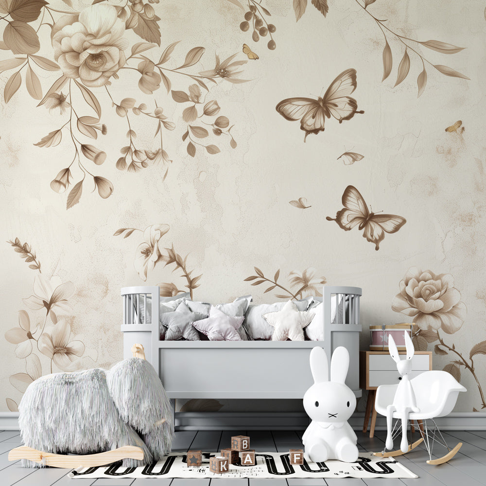 Soft beige floral wallpaper creating peaceful baby bedroom atmosphere with butterfly accents