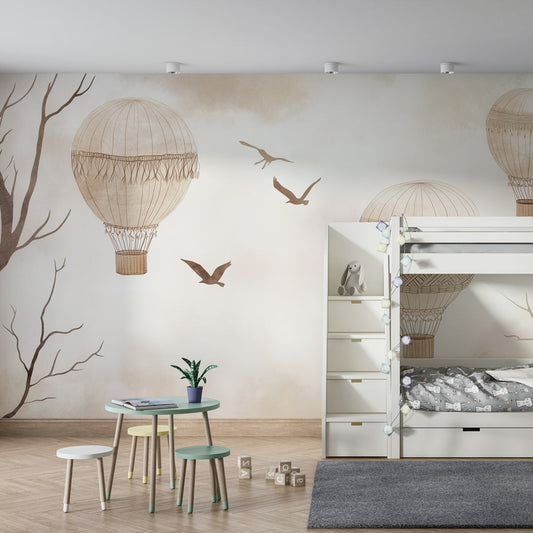 Kids-Mundo hot air balloon wall mural covering a feature wall in a calm kids bedroom.