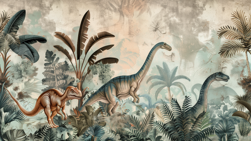 Vintage Jungle Dinosaur with Banana Leaves Wall Mural
