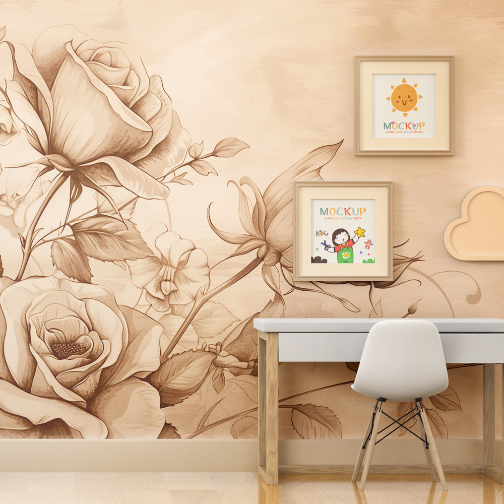 Sepia floral mural wallpaper creating sophisticated atmosphere in girls' bedroom