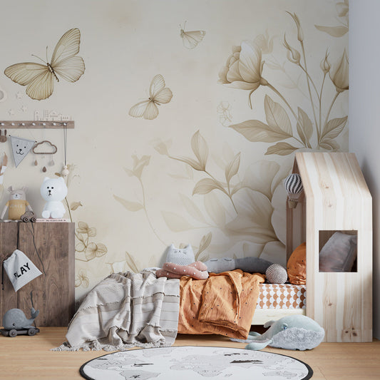 Kids-Mundo sepia floral wall mural in a girl's bedroom with roses and butterflies.
