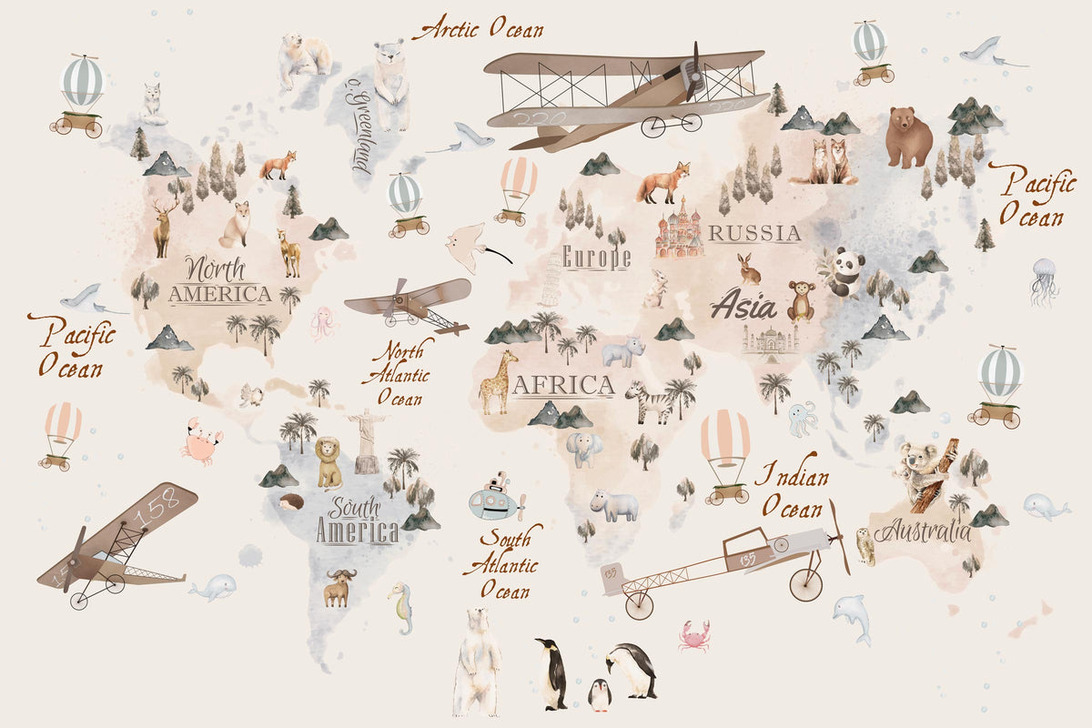 Vintage World Map with Animals Wall Mural