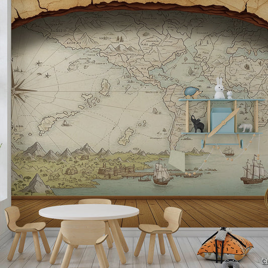 Kids-Mundo stone archway world map wall mural behind a bed in a kids bedroom.