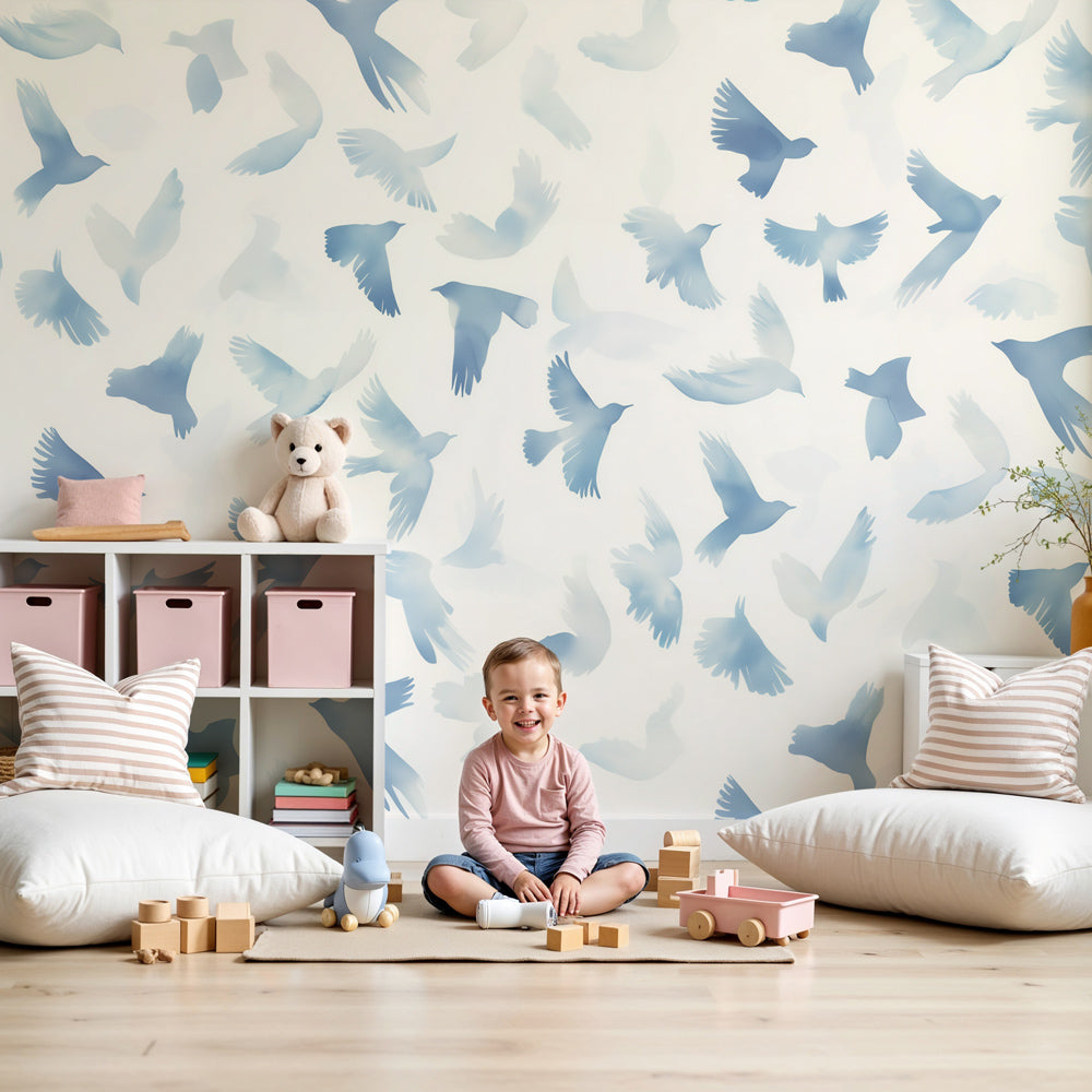 Watercolor birds mural wallpaper in blue tones decorating peaceful baby nursery by Kids-Mundo