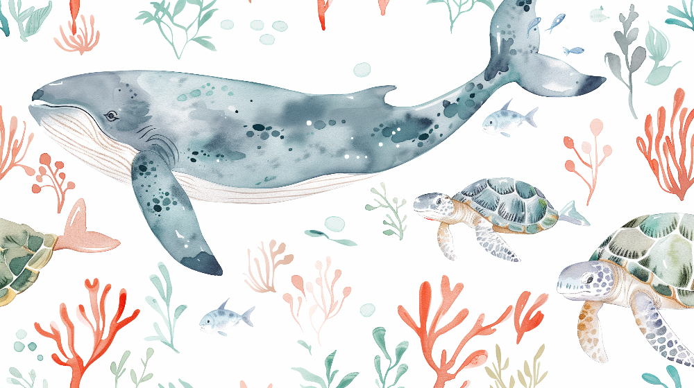 Watercolor Whale and Sea Turtles Wall Mural