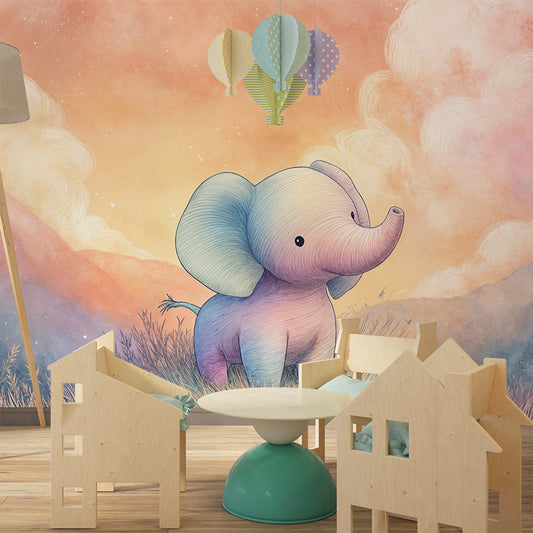 Kids-Mundo baby elephant wall mural behind a bed in a calm, neutral-toned kids bedroom
