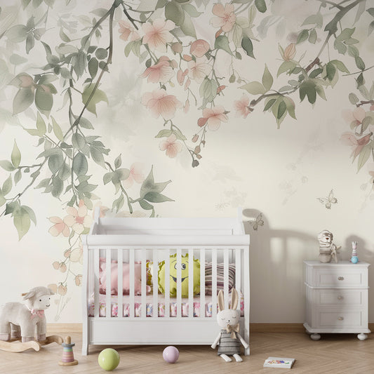 Kids-Mundo watercolour blossom wall mural in a pastel kids bedroom with soft furnishings.
