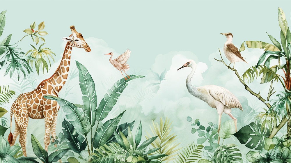 Kids-Mundo watercolour artwork of a giraffe, egret and exotic bird among tropical leaves