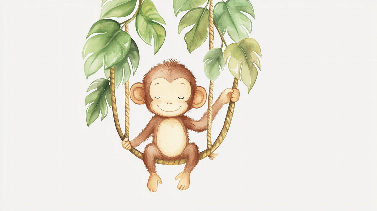 Watercolour Baby Monkey on a Leafy Swing Wall Mural