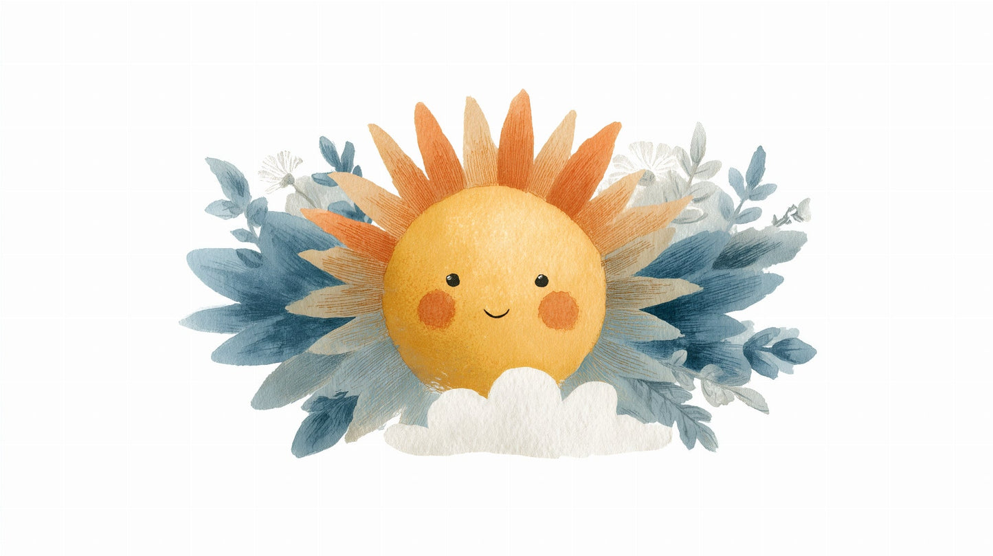 Kids-Mundo flat artwork of the watercolour smiling sun and cloud wall mural design