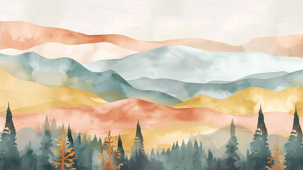 Watercolour Sunset Mountains Wall Mural