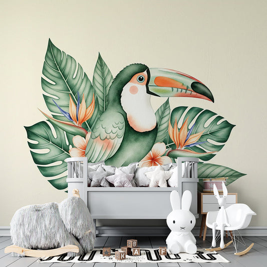 Kids-Mundo watercolour toucan wall mural in a kids bedroom with bed linen and botanical accents.