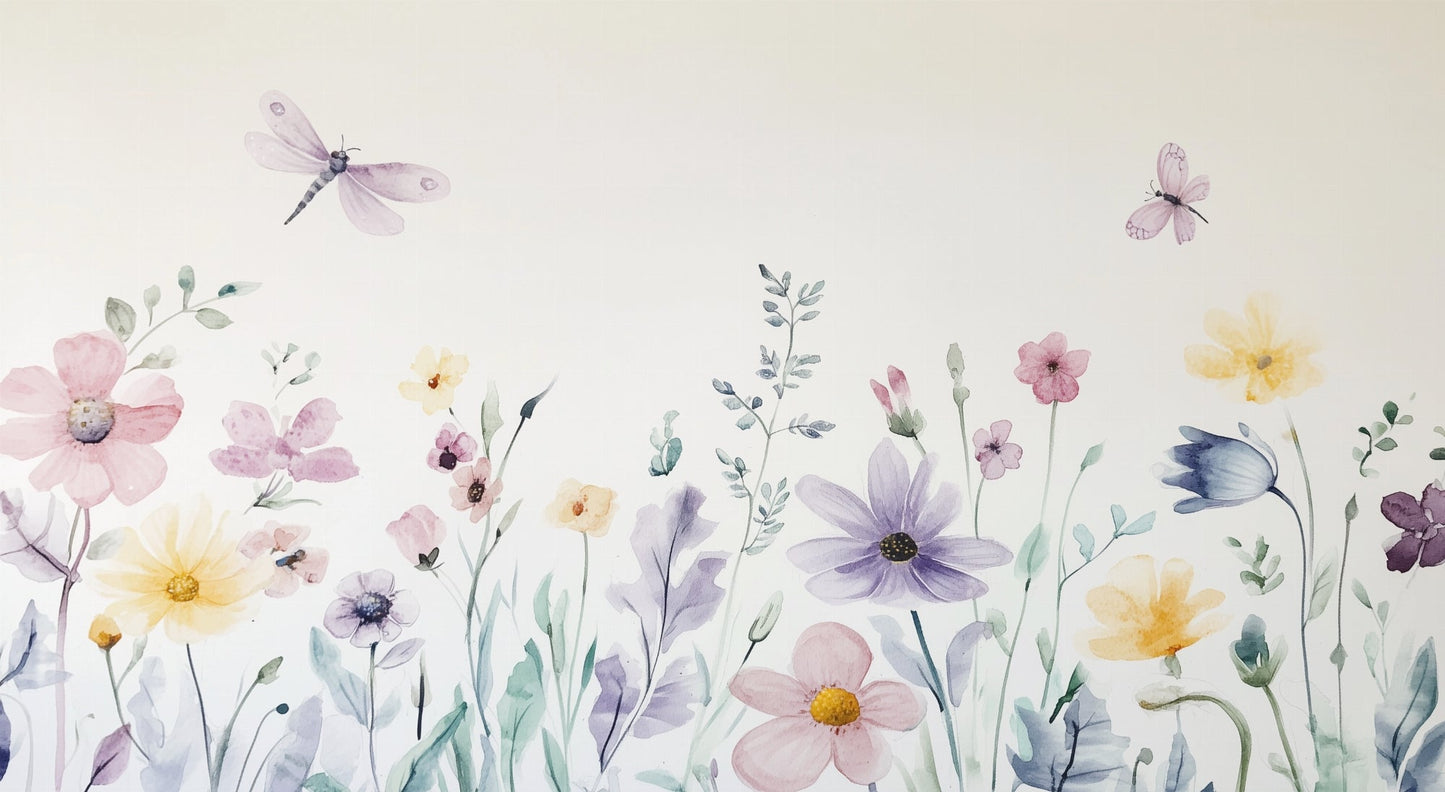 Kids-Mundo flat artwork of watercolour wildflowers with a dragonfly and butterfly
