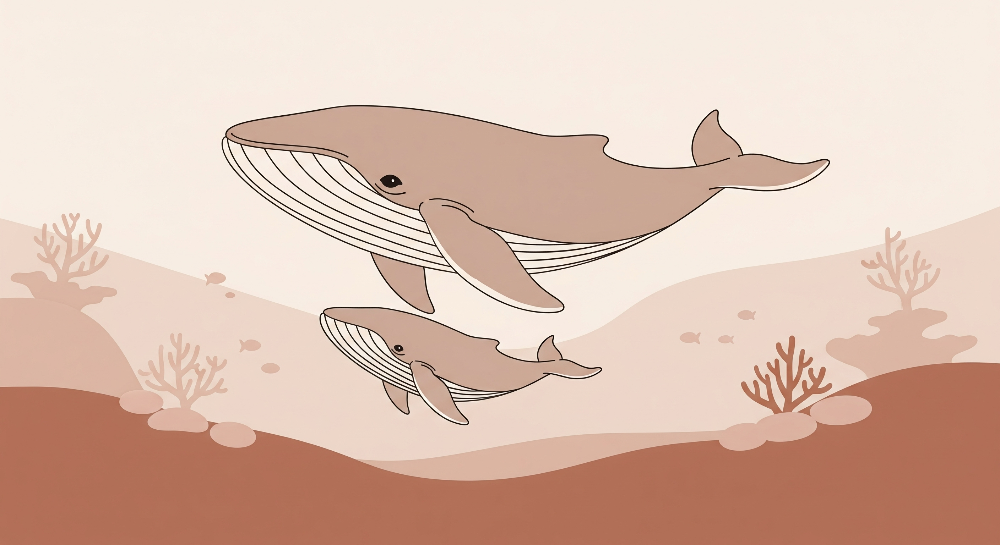 Kids-Mundo flat artwork of a mother whale and her calf swimming above a soft coral seabed.