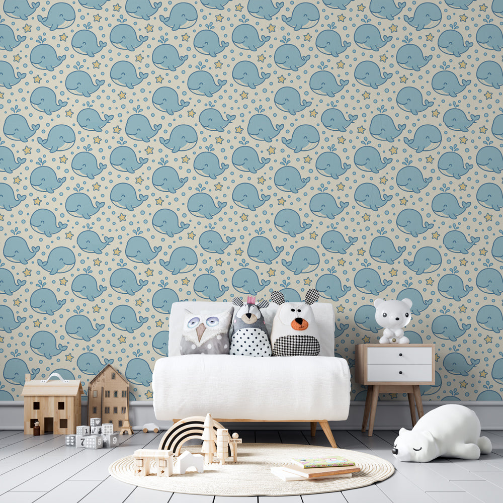 Ocean theme whale wallpaper creating peaceful underwater atmosphere in children's bedroom