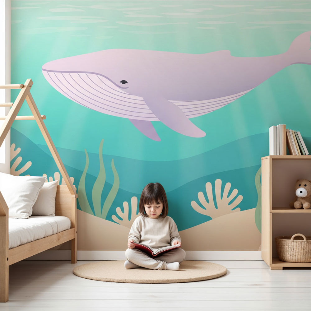 Whale ocean mural wallpaper creating serene nursery atmosphere with gentle blue tones by Kids-Mundo
