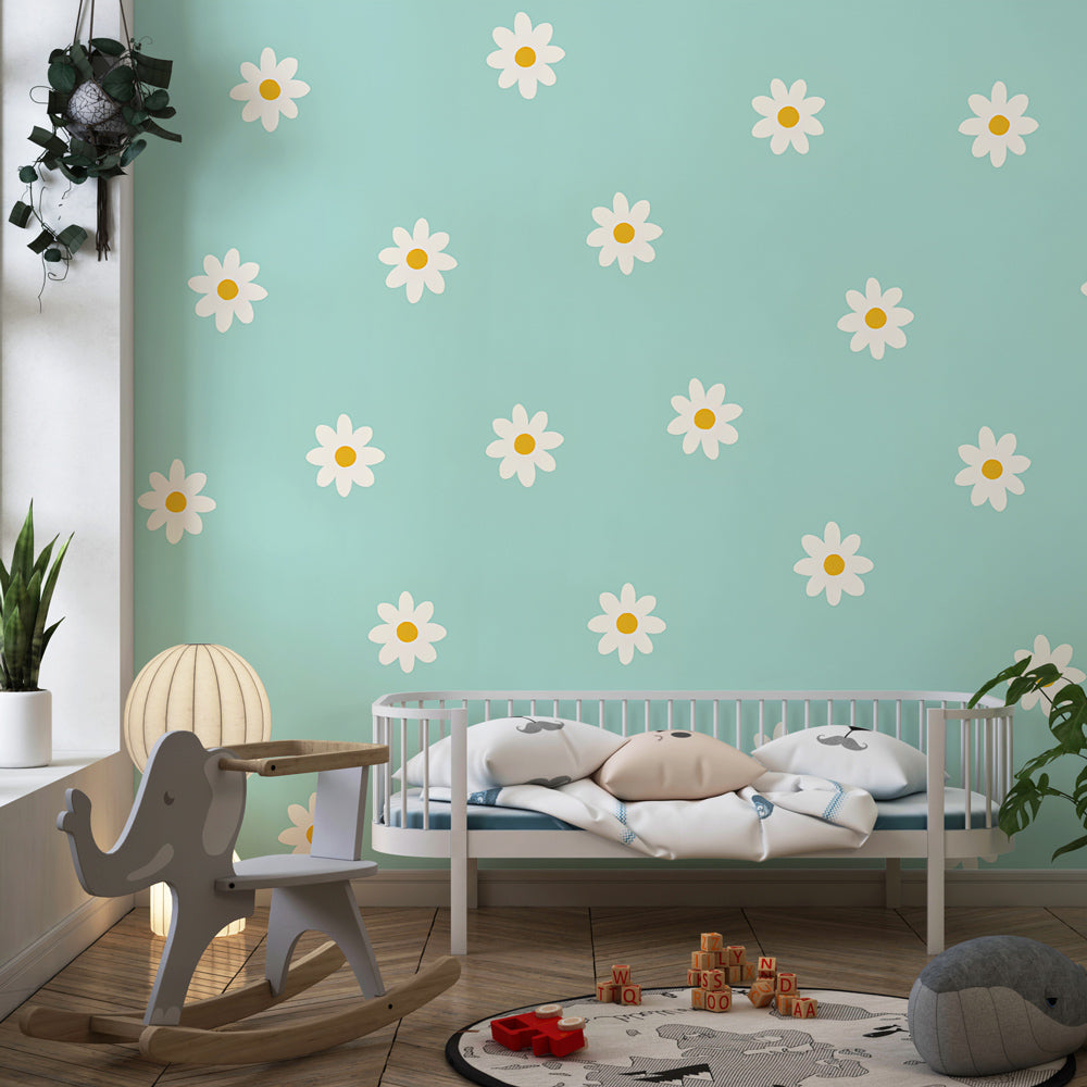 Light blue floral mural wallpaper creating serene children's bedroom atmosphere by Kids-Mundo
