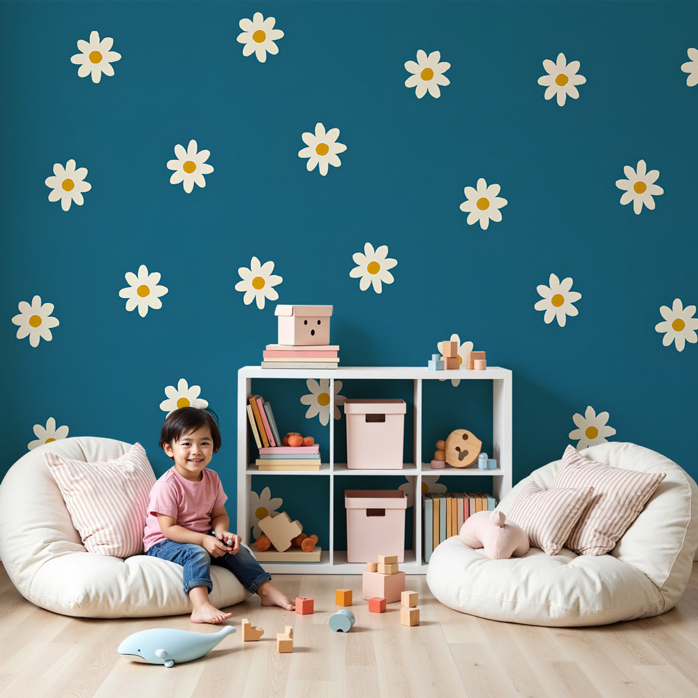 White flowers mural wallpaper with blue background in modern kids nursery by Kids-Mundo