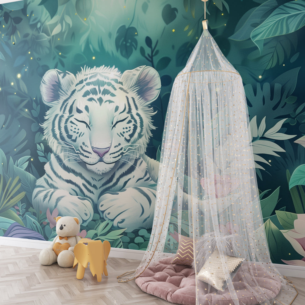 Serene white tiger mural wallpaper with fairy flowers in kids bedroom by Kids-Mundo