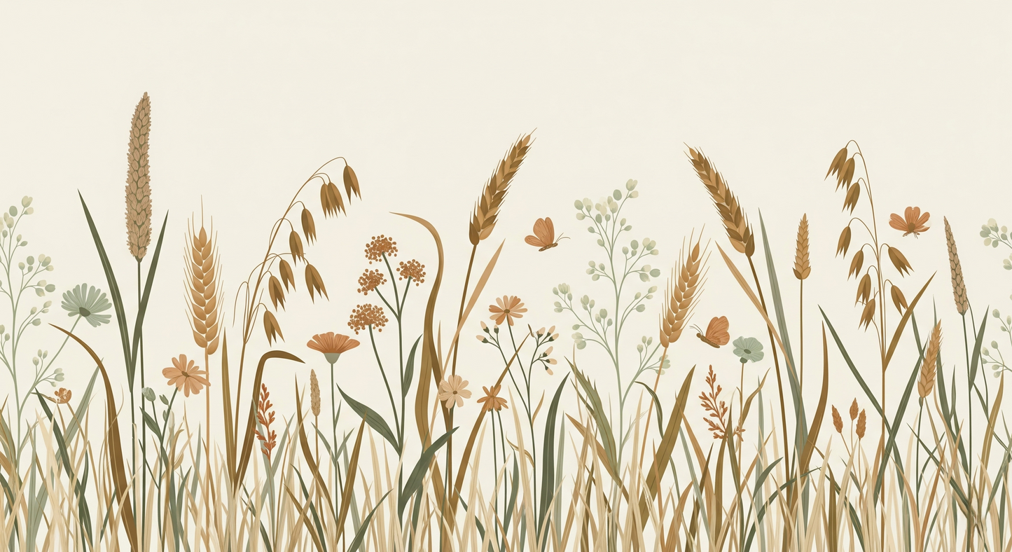 Kids-Mundo flat artwork of tall wild grasses, wheat and wildflowers in golden and sage tones.