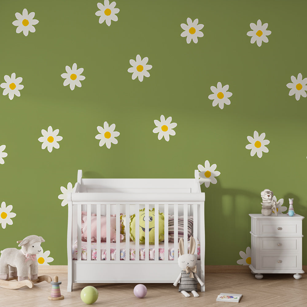 Green wildflower wallpaper creating peaceful garden atmosphere in children's bedroom